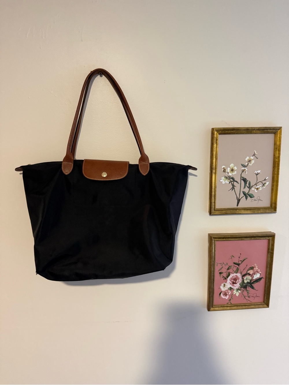 Longchamp Black Tote with Brown Leather Trim
